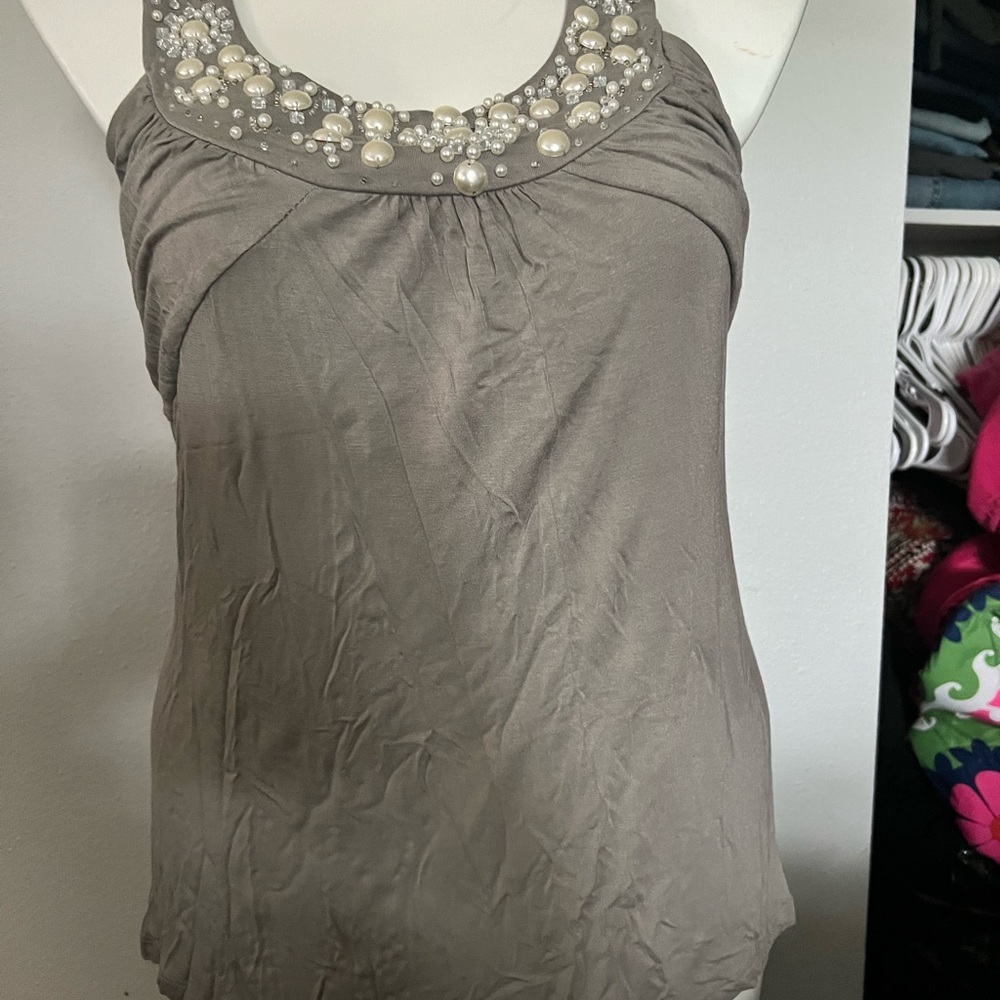 dressbarn Taupe Embellished Pearl Neck Camisole